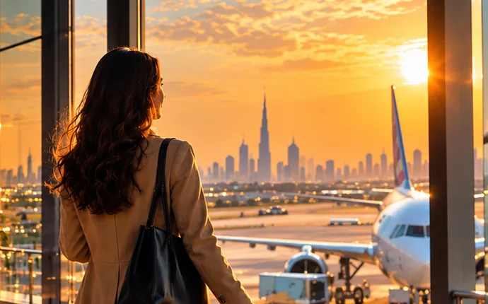 Golden-hour view across an airport apron towards a city skyline.